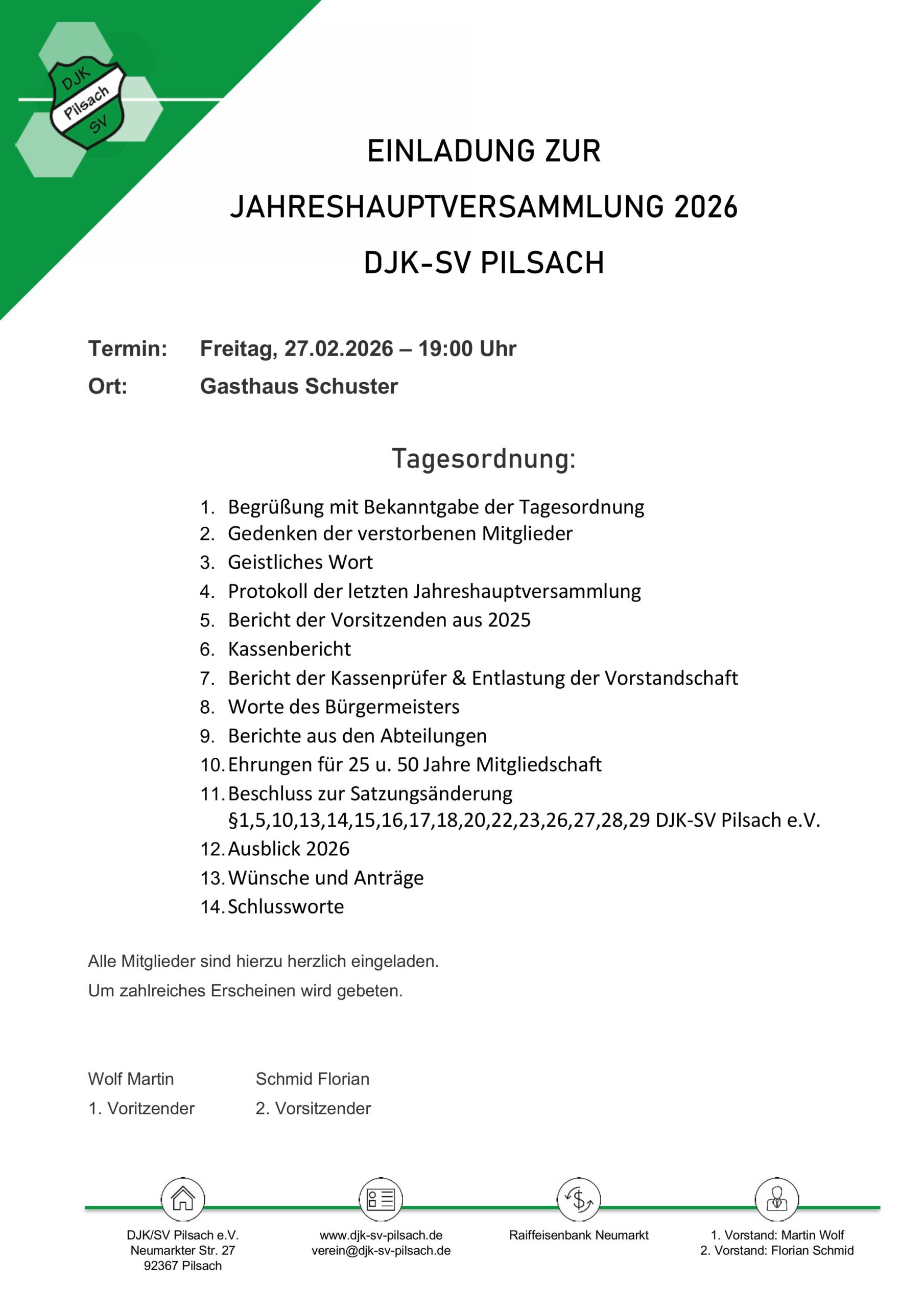 Einladung zur Jahreshauptversammlung 2026